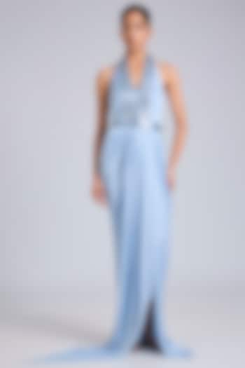 Ice Blue Satin Chiffon Maxi Cocktail Dress by Amit Aggarwal at Pernia's Pop Up Shop