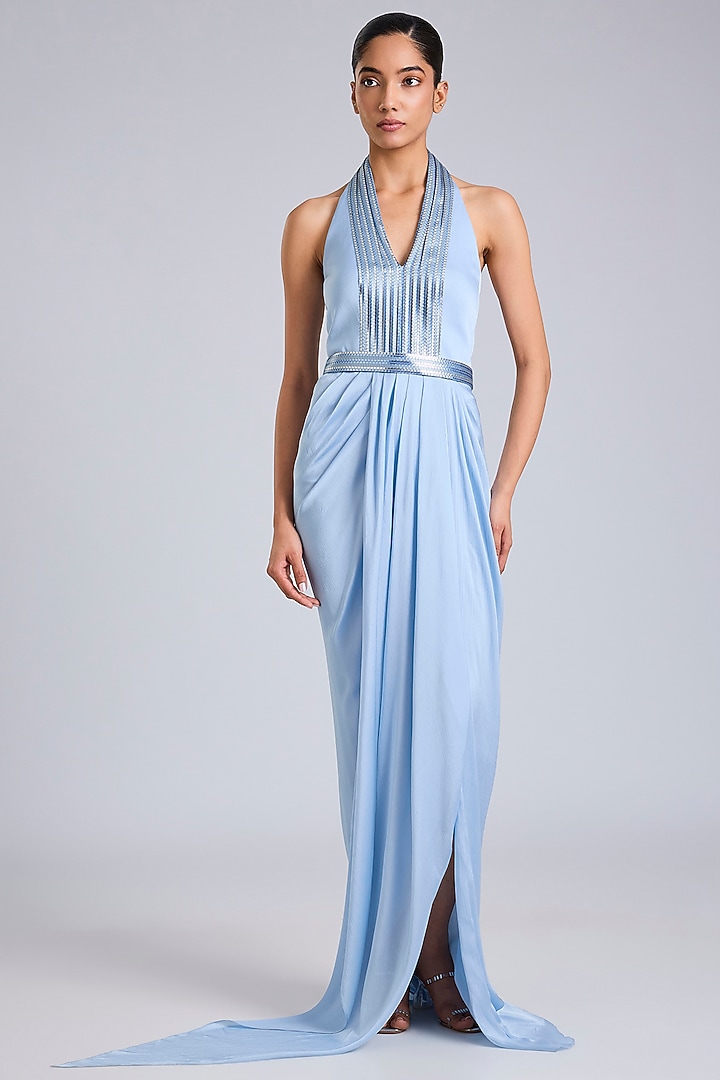 Ice Blue Satin Chiffon Maxi Cocktail Dress by Amit Aggarwal at Pernia's Pop Up Shop