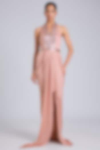 Blush Pink Satin Chiffon Maxi Cocktail Dress by Amit Aggarwal at Pernia's Pop Up Shop