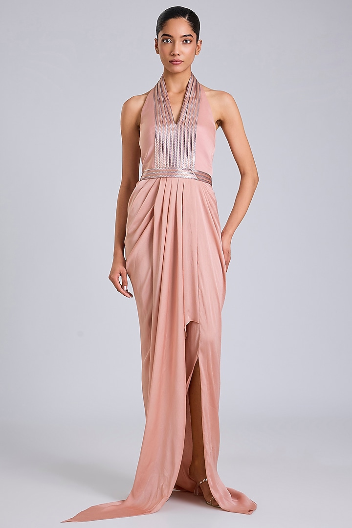Blush Pink Satin Chiffon Maxi Cocktail Dress by Amit Aggarwal at Pernia's Pop Up Shop