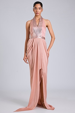 Blush Pink Satin Chiffon Maxi Dress by Amit Aggarwal