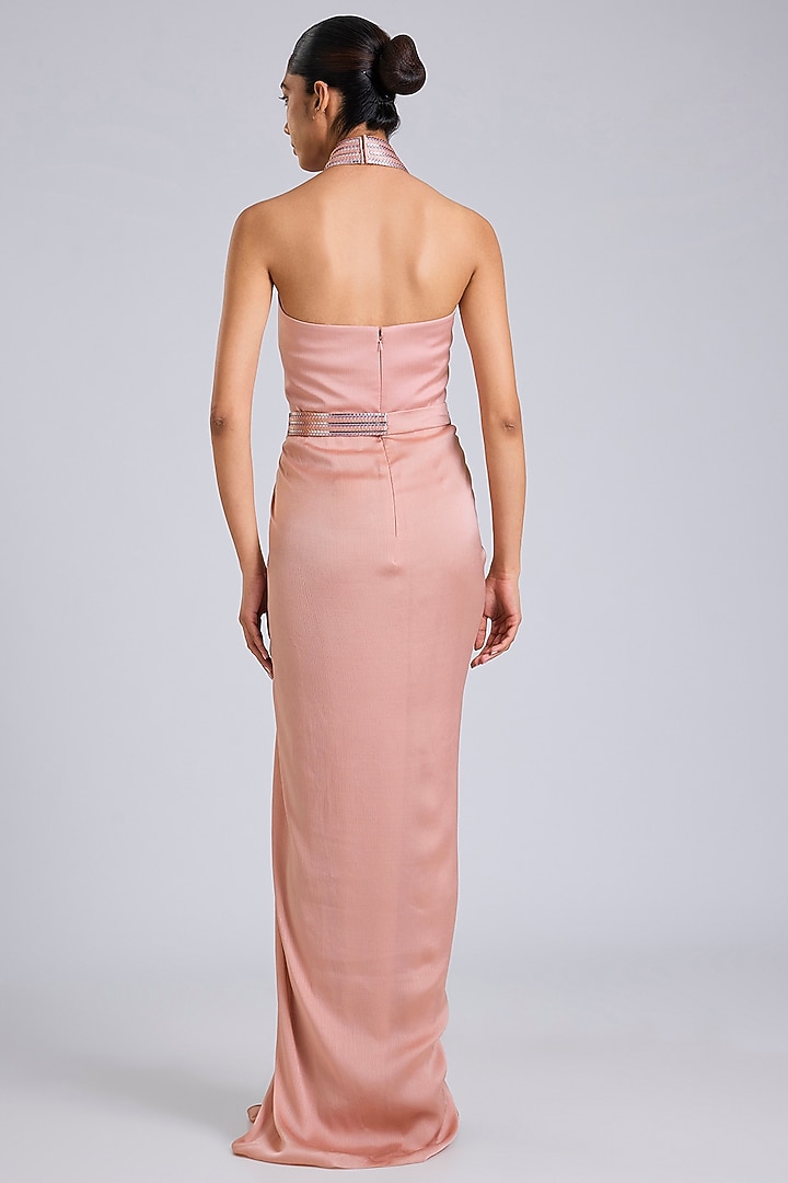 Blush Pink Satin Chiffon Maxi Cocktail Dress by Amit Aggarwal at Pernia's Pop Up Shop