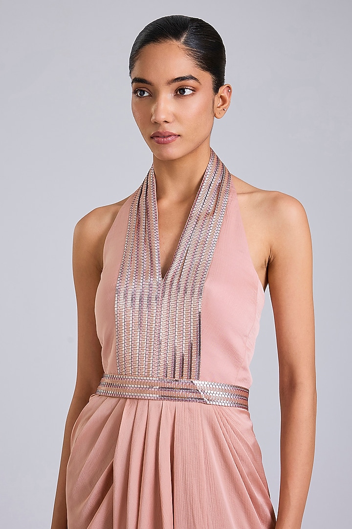 Blush Pink Satin Chiffon Maxi Cocktail Dress by Amit Aggarwal at Pernia's Pop Up Shop