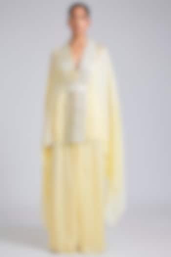 Butter Yellow Satin Chiffon Cape Set by Amit Aggarwal at Pernia's Pop Up Shop