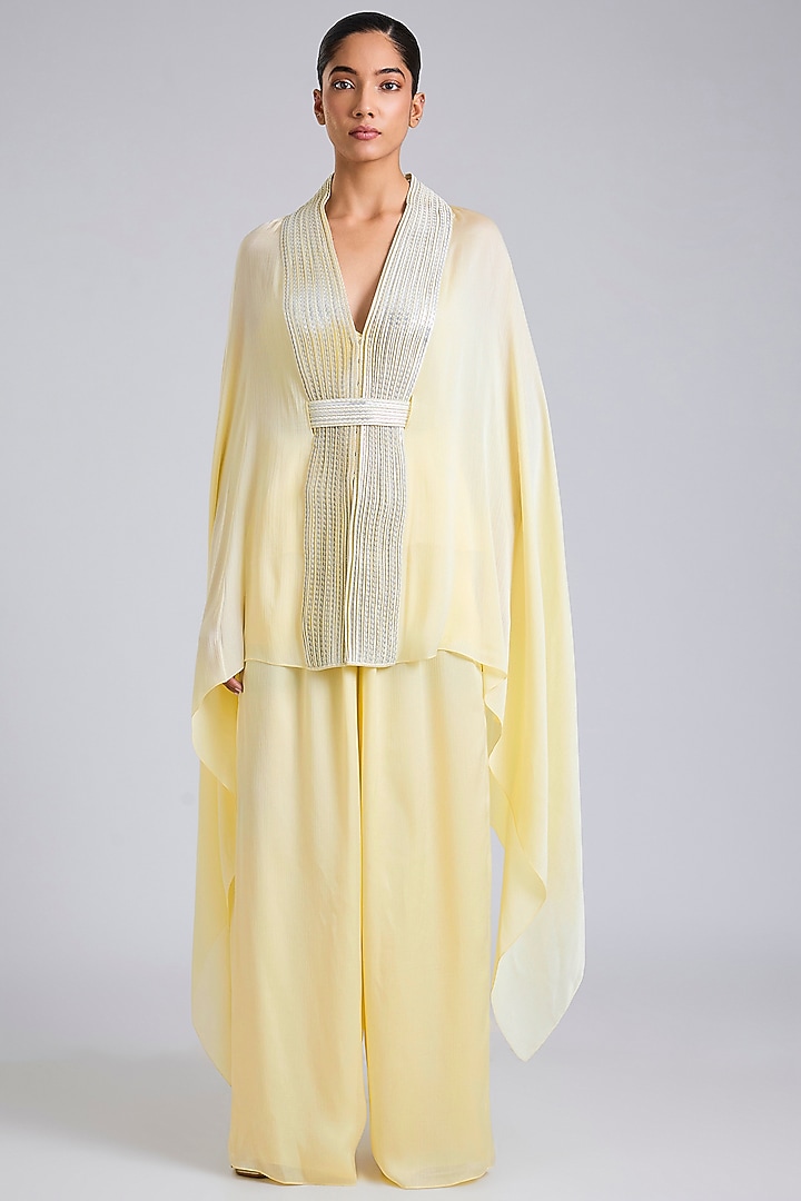 Butter Yellow Satin Chiffon Cape Set by Amit Aggarwal at Pernia's Pop Up Shop