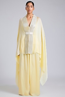 Butter Yellow Satin Chiffon Cape Set by Amit Aggarwal-POPULAR PRODUCTS AT STORE