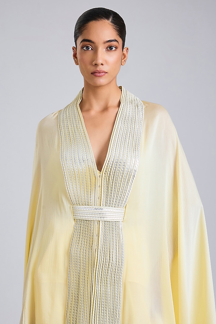 Butter Yellow Satin Chiffon Cape Set by Amit Aggarwal at Pernia's Pop Up Shop