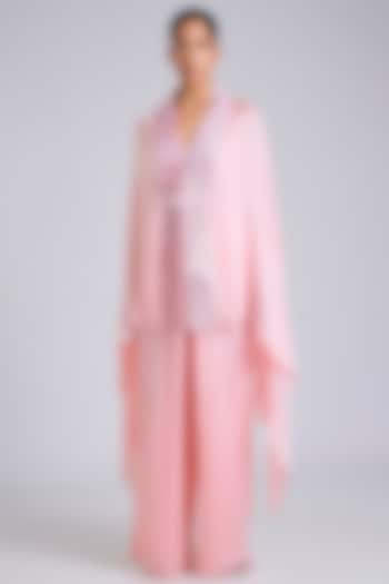 Bubble Pink Satin Chiffon Cape Set by Amit Aggarwal at Pernia's Pop Up Shop