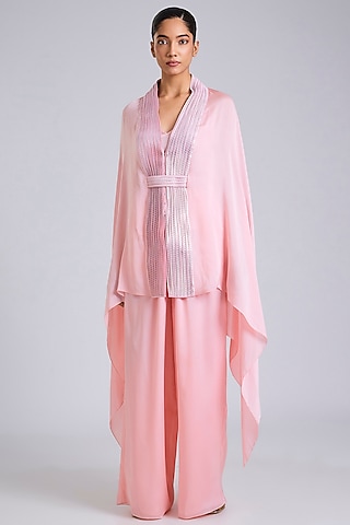 Bubble Pink Satin Chiffon Cape Set by Amit Aggarwal