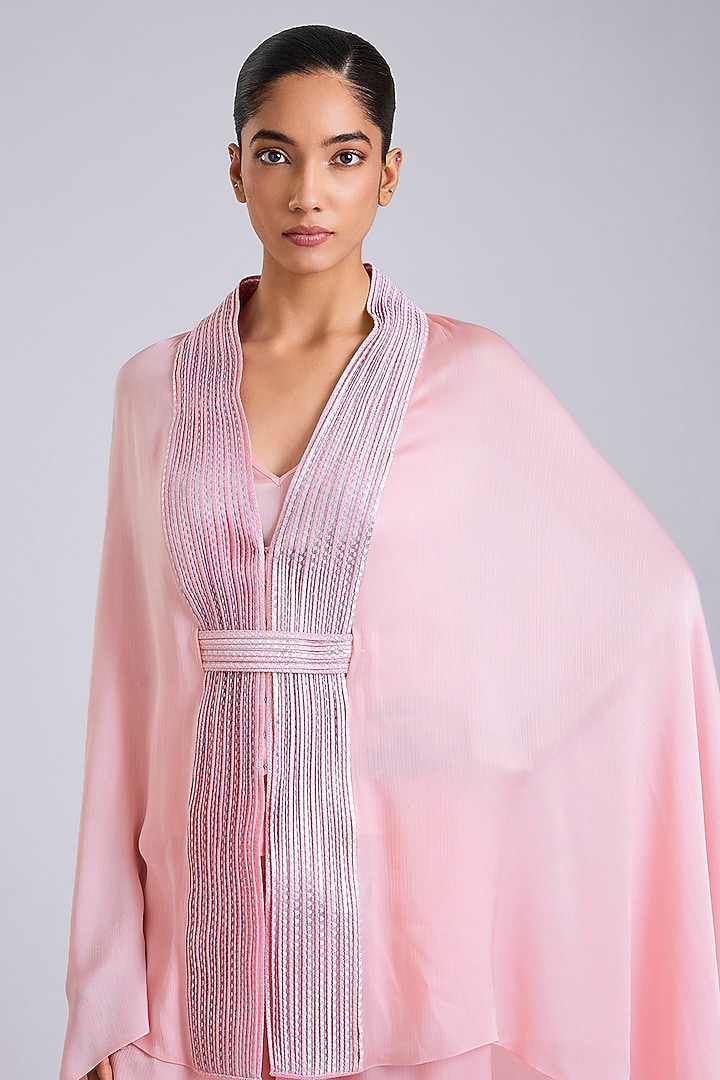 Bubble Pink Satin Chiffon Cape Set by Amit Aggarwal at Pernia's Pop Up Shop