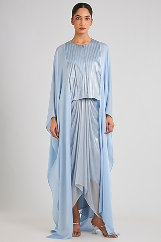 Ice Blue Chiffon & Satin Kaftan Set by Amit Aggarwal