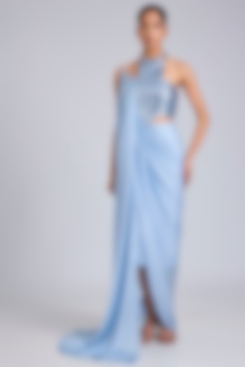 Ice Blue Satin Chiffon Maxi Party Wear Dress by Amit Aggarwal at Pernia's Pop Up Shop