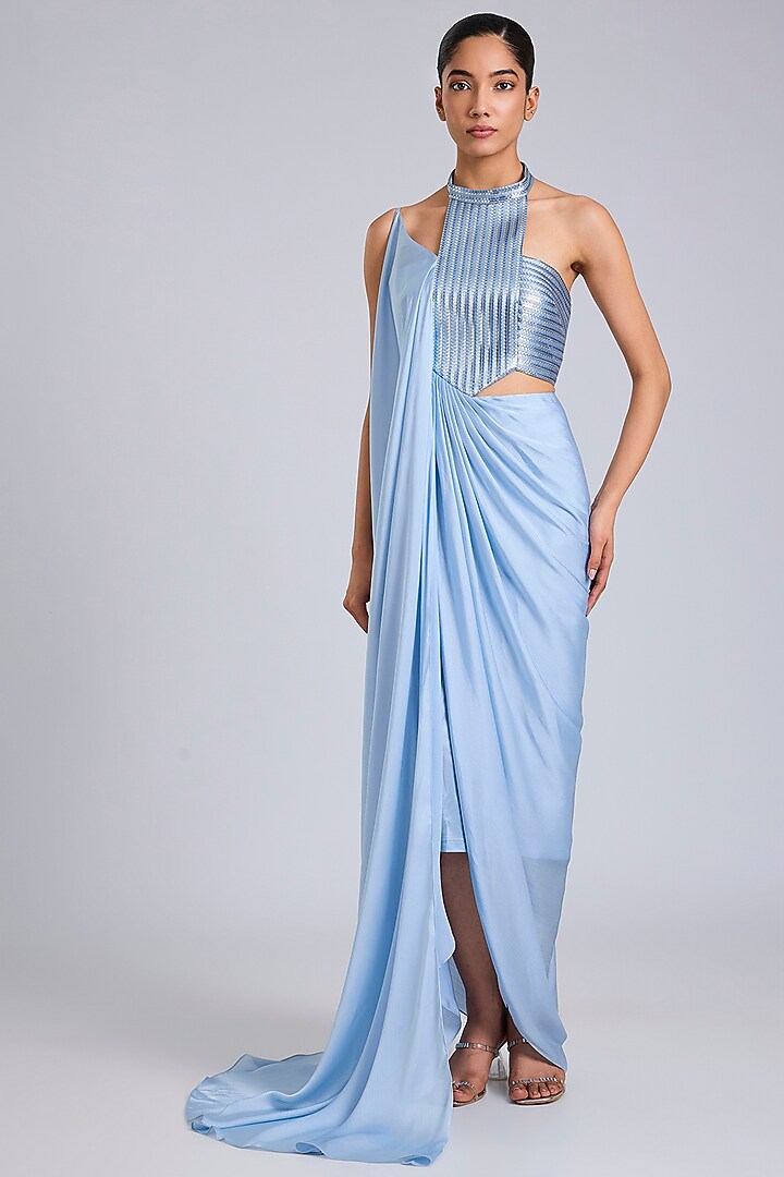 Ice Blue Satin Chiffon Maxi Party Wear Dress by Amit Aggarwal at Pernia's Pop Up Shop