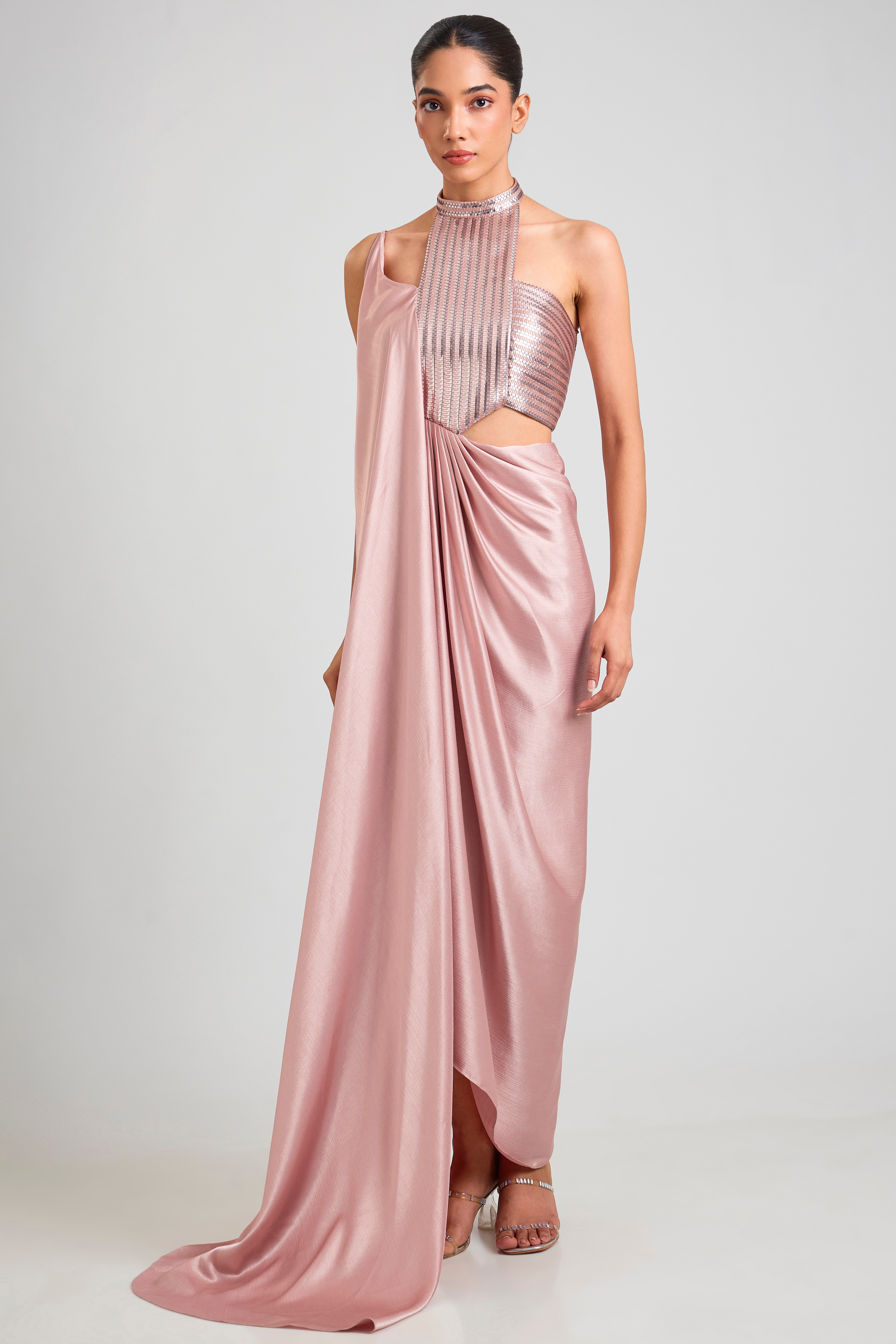 Amit Aggarwal Blush Satin Chiffon Draped Maxi Dress