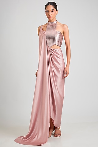 Blush Satin Chiffon Draped Maxi Dress by Amit Aggarwal