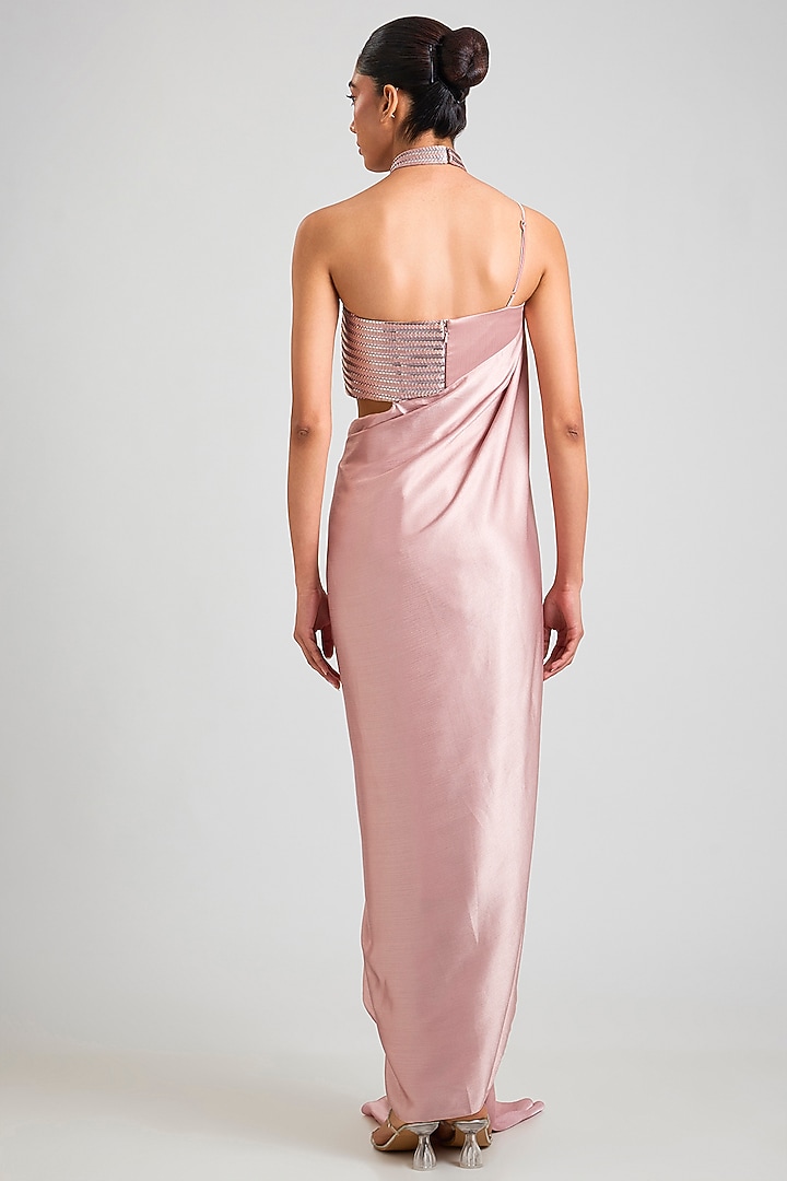 Blush Satin Chiffon Draped Maxi Party Wear Dress by Amit Aggarwal at Pernia's Pop Up Shop
