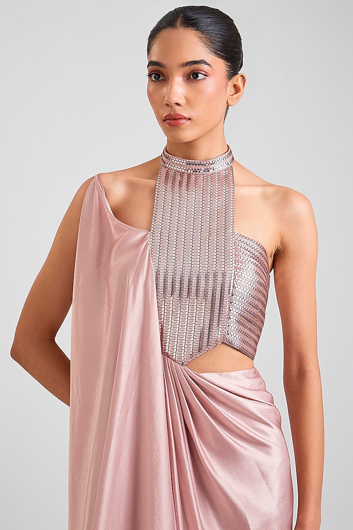 Blush Satin Chiffon Draped Maxi Party Wear Dress by Amit Aggarwal at Pernia's Pop Up Shop