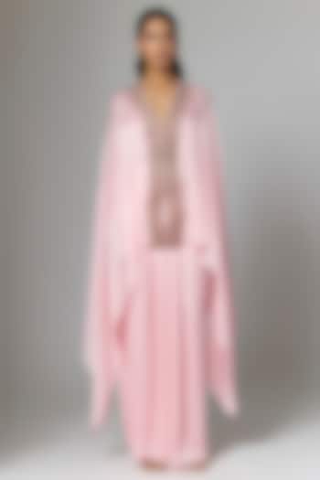 Bubble Pink Satin Chiffon Cape Set by Amit Aggarwal at Pernia's Pop Up Shop