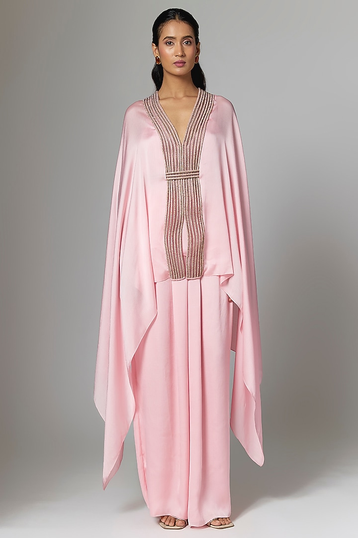 Bubble Pink Satin Chiffon Cape Set by Amit Aggarwal at Pernia's Pop Up Shop