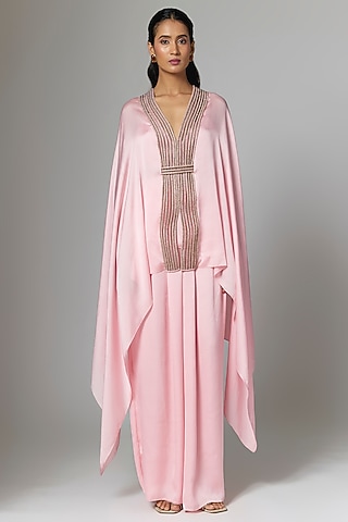 Bubble Pink Satin Chiffon Cape Set by Amit Aggarwal