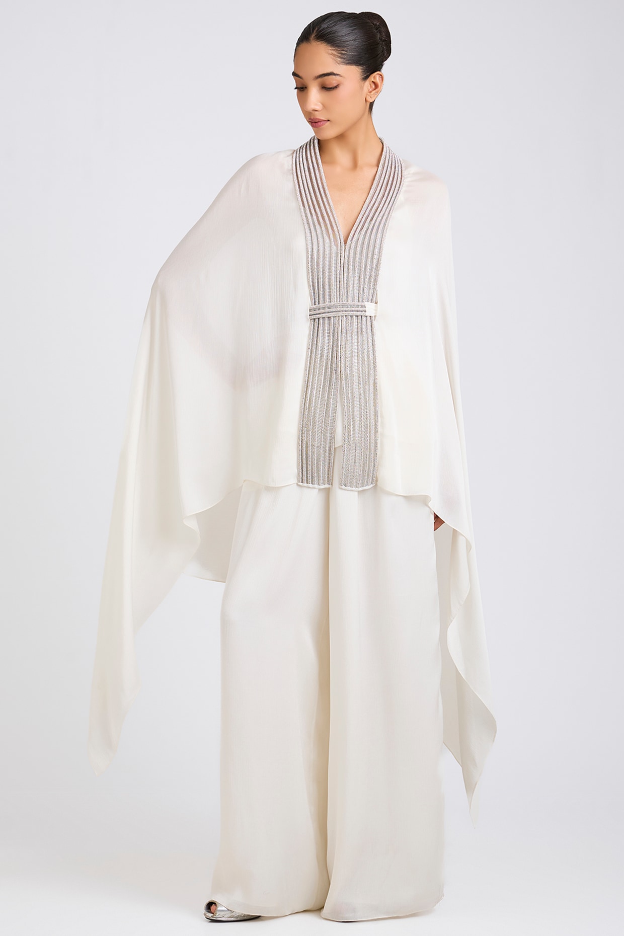 Amit Aggarwal Pearl White Satin Chiffon Cape Set