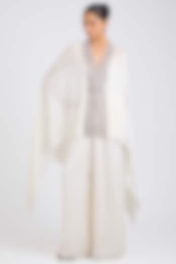 Pearl White Satin Chiffon Cape Set by Amit Aggarwal at Pernia's Pop Up Shop