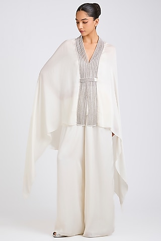 Pearl White Satin Chiffon Cape Set by Amit Aggarwal