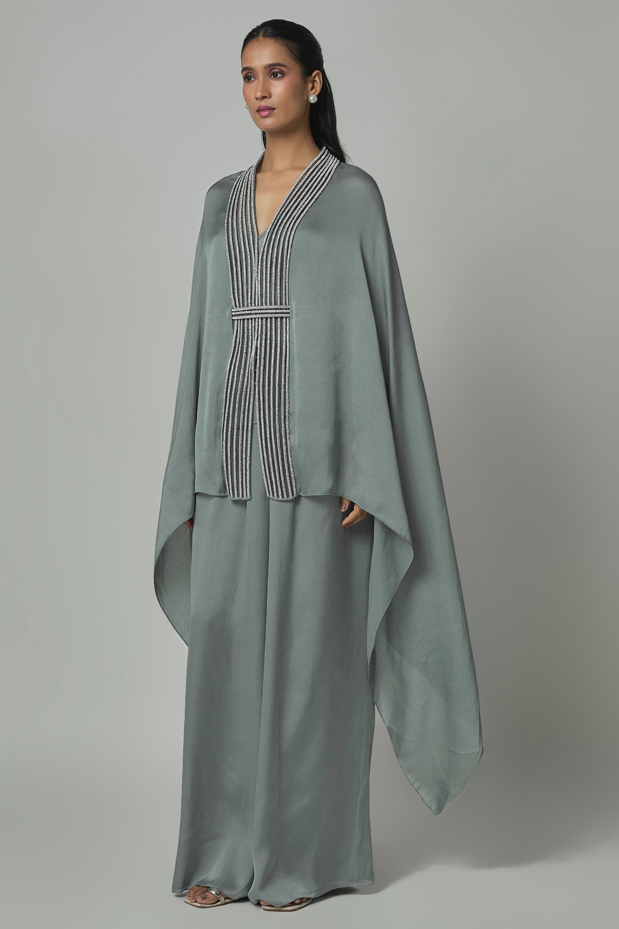 Amit Aggarwal Ice Blue Satin Chiffon Pleated Cape Set