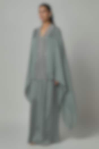 Ice Blue Satin Chiffon Pleated Cape Set by Amit Aggarwal at Pernia's Pop Up Shop