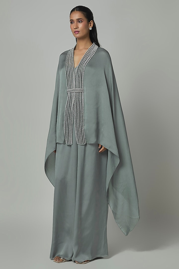Ice Blue Satin Chiffon Pleated Cape Set by Amit Aggarwal at Pernia's Pop Up Shop