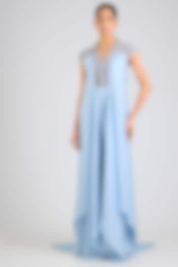 Ice Blue Satin Chiffon Maxi Party Wear Dress by Amit Aggarwal at Pernia's Pop Up Shop