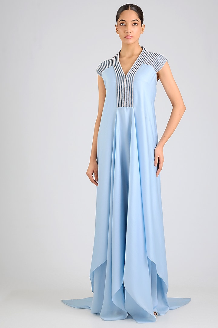 Ice Blue Satin Chiffon Maxi Party Wear Dress by Amit Aggarwal at Pernia's Pop Up Shop