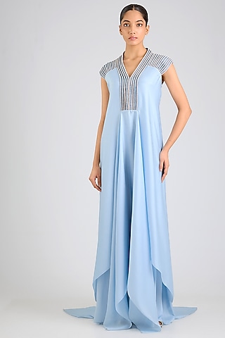 Ice Blue Satin Chiffon Maxi Dress by Amit Aggarwal