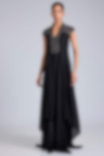 Onyx Black Satin Chiffon Maxi Party Wear Dress by Amit Aggarwal at Pernia's Pop Up Shop