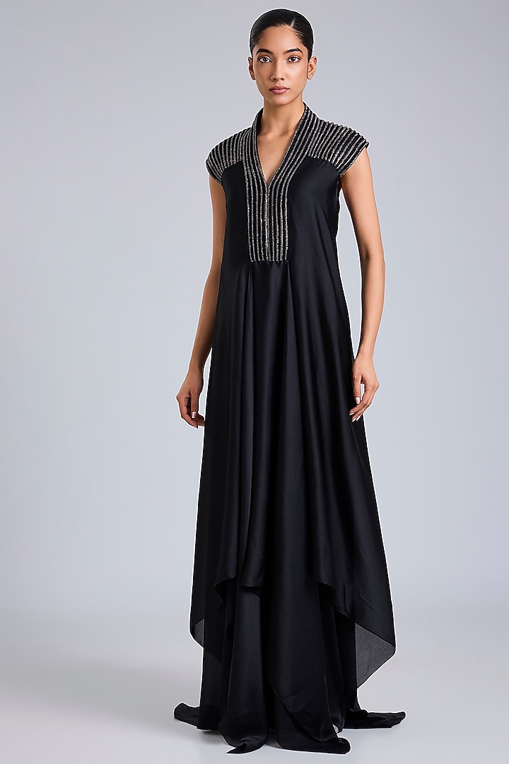 Onyx Black Satin Chiffon Maxi Party Wear Dress by Amit Aggarwal at Pernia's Pop Up Shop