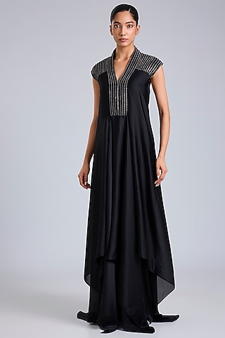 Onyx Black Satin Chiffon Maxi Dress by Amit Aggarwal