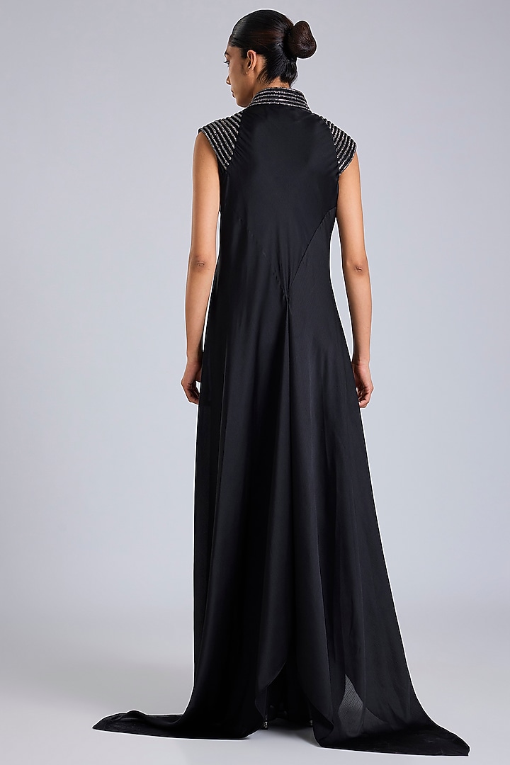 Onyx Black Satin Chiffon Maxi Party Wear Dress by Amit Aggarwal at Pernia's Pop Up Shop