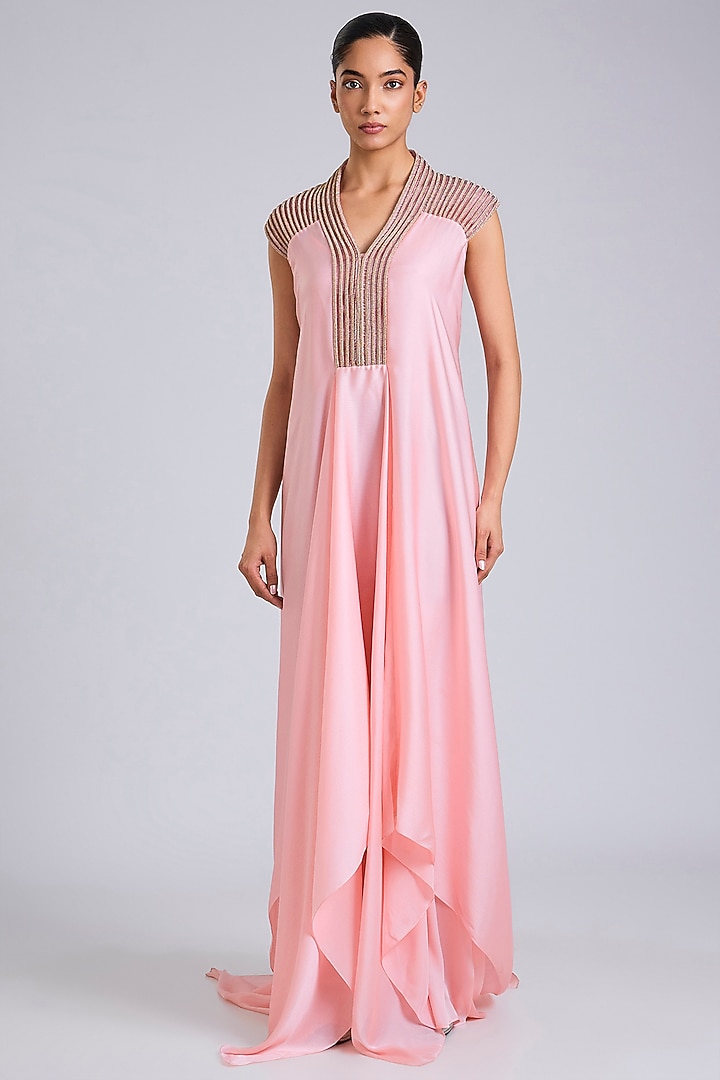 Bubble Pink Satin Chiffon Maxi Party Wear Dress by Amit Aggarwal at Pernia's Pop Up Shop