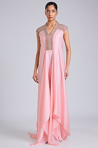 Bubble Pink Satin Chiffon Maxi Dress by Amit Aggarwal