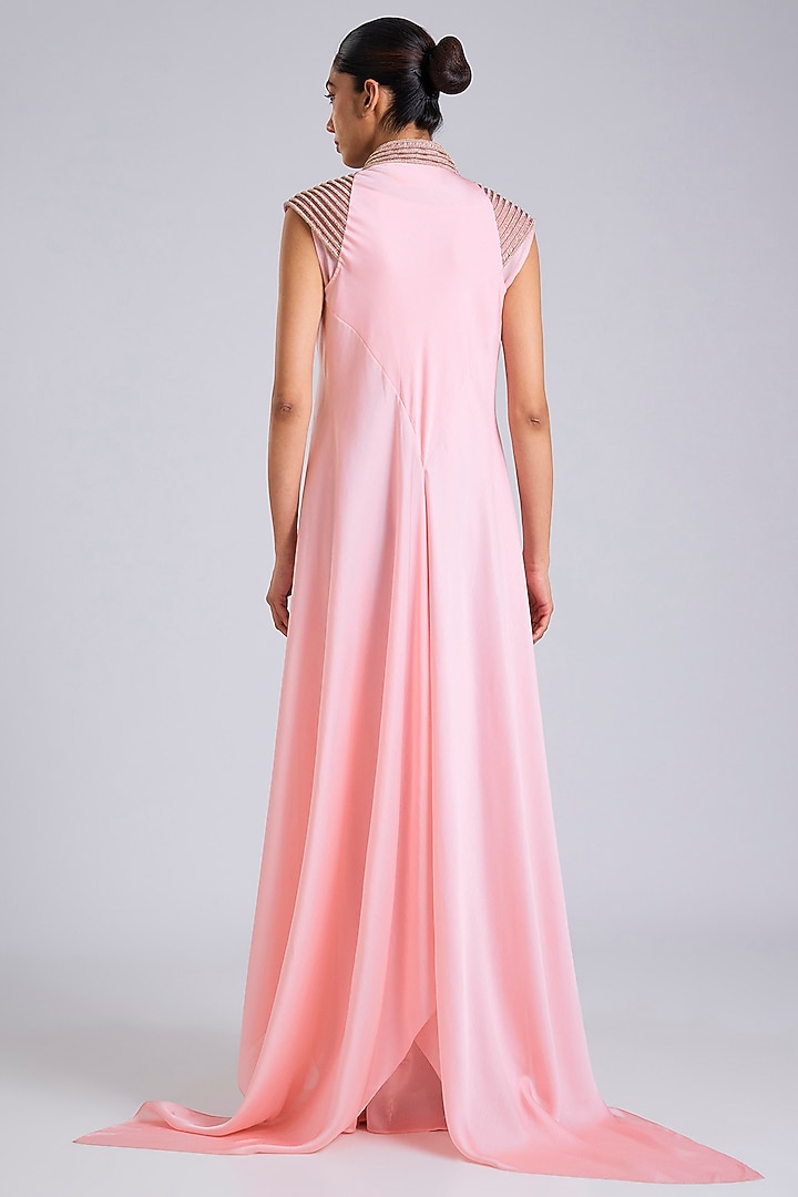 Bubble Pink Satin Chiffon Maxi Party Wear Dress by Amit Aggarwal at Pernia's Pop Up Shop