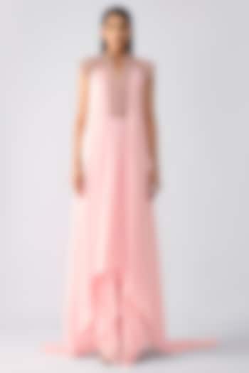 Bubble Pink Satin Chiffon Crystalvein Paneled Party Wear Dress by Amit Aggarwal at Pernia's Pop Up Shop