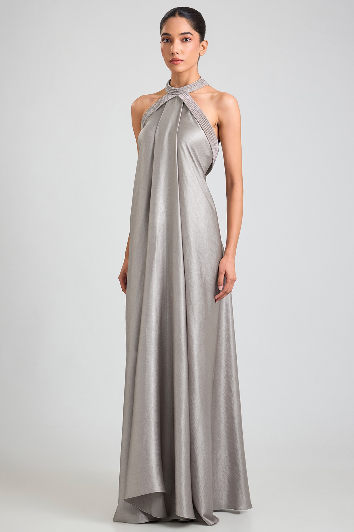 Amit Aggarwal Ice Grey Satin Chiffon Halter Maxi Dress