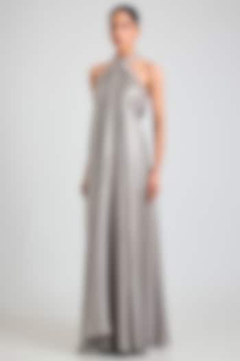 Ice Grey Satin Chiffon Halter Maxi Party Wear Dress by Amit Aggarwal at Pernia's Pop Up Shop