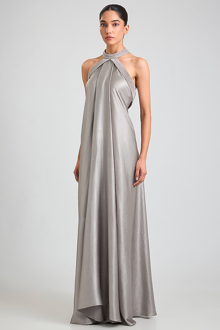Ice Grey Satin Chiffon Halter Maxi Party Wear Dress by Amit Aggarwal at Pernia's Pop Up Shop