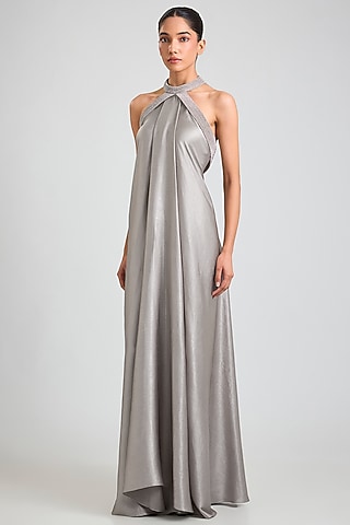 Ice Grey Satin Chiffon Halter Maxi Dress by Amit Aggarwal