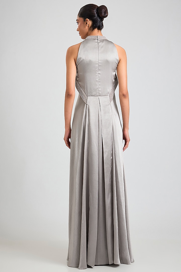 Ice Grey Satin Chiffon Halter Maxi Party Wear Dress by Amit Aggarwal at Pernia's Pop Up Shop