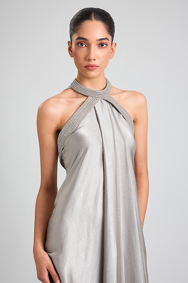 Ice Grey Satin Chiffon Halter Maxi Party Wear Dress by Amit Aggarwal at Pernia's Pop Up Shop