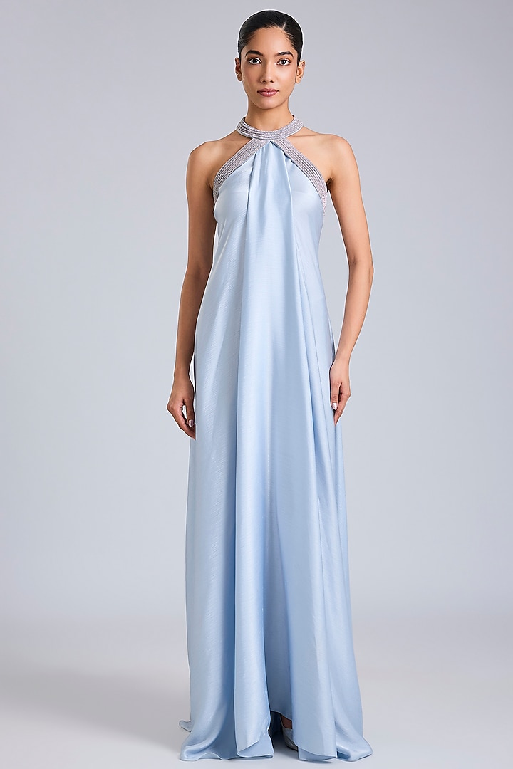 Ice Blue Satin Chiffon Maxi Party Wear Dress by Amit Aggarwal at Pernia's Pop Up Shop