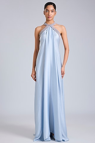 Ice Blue Satin Chiffon Maxi Dress by Amit Aggarwal