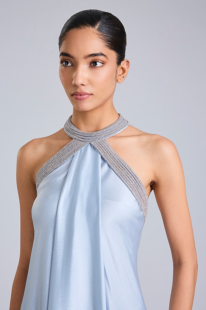 Ice Blue Satin Chiffon Maxi Party Wear Dress by Amit Aggarwal at Pernia's Pop Up Shop